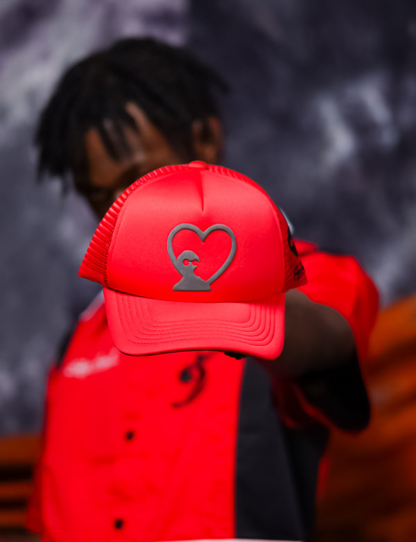 RED HEART TRUCKER HAT
